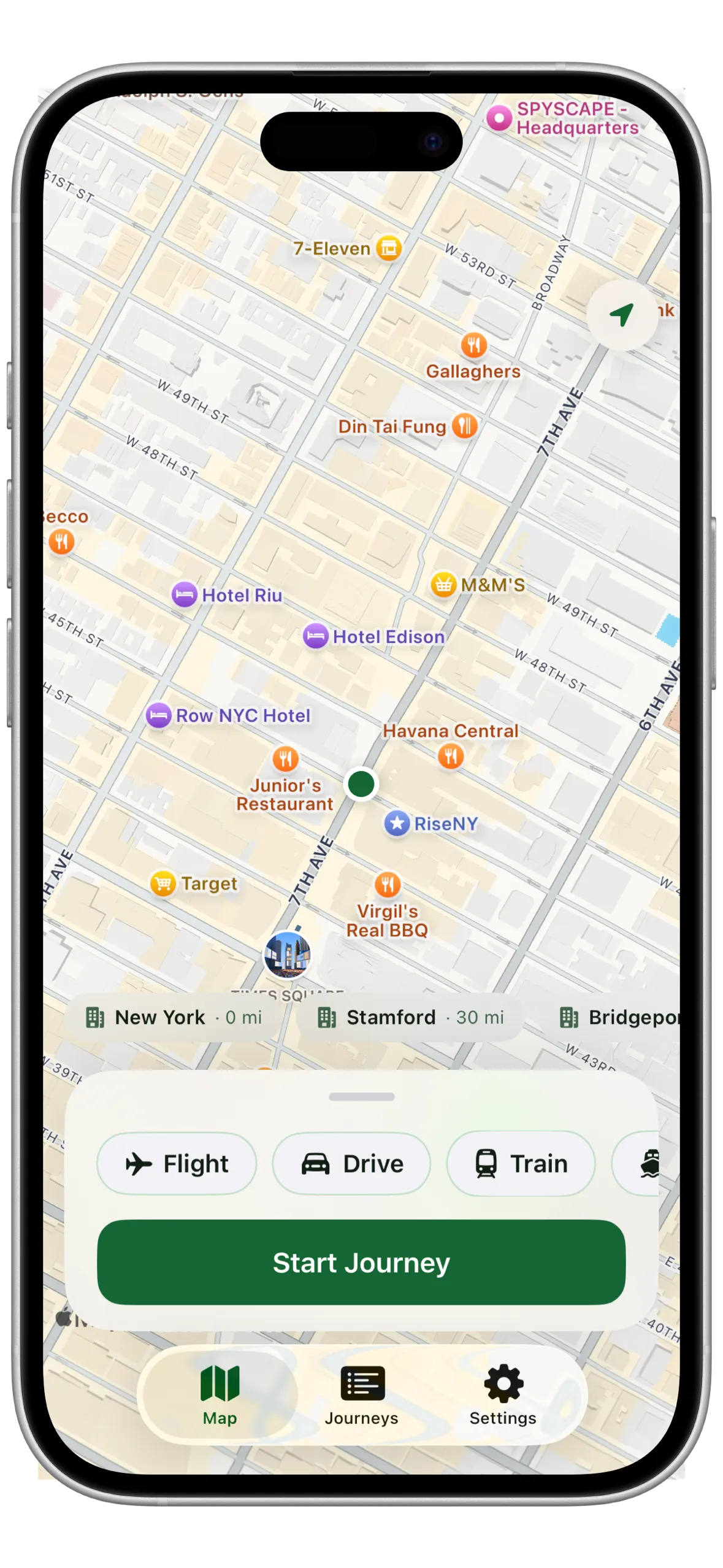 Skylog map with travel mode picker