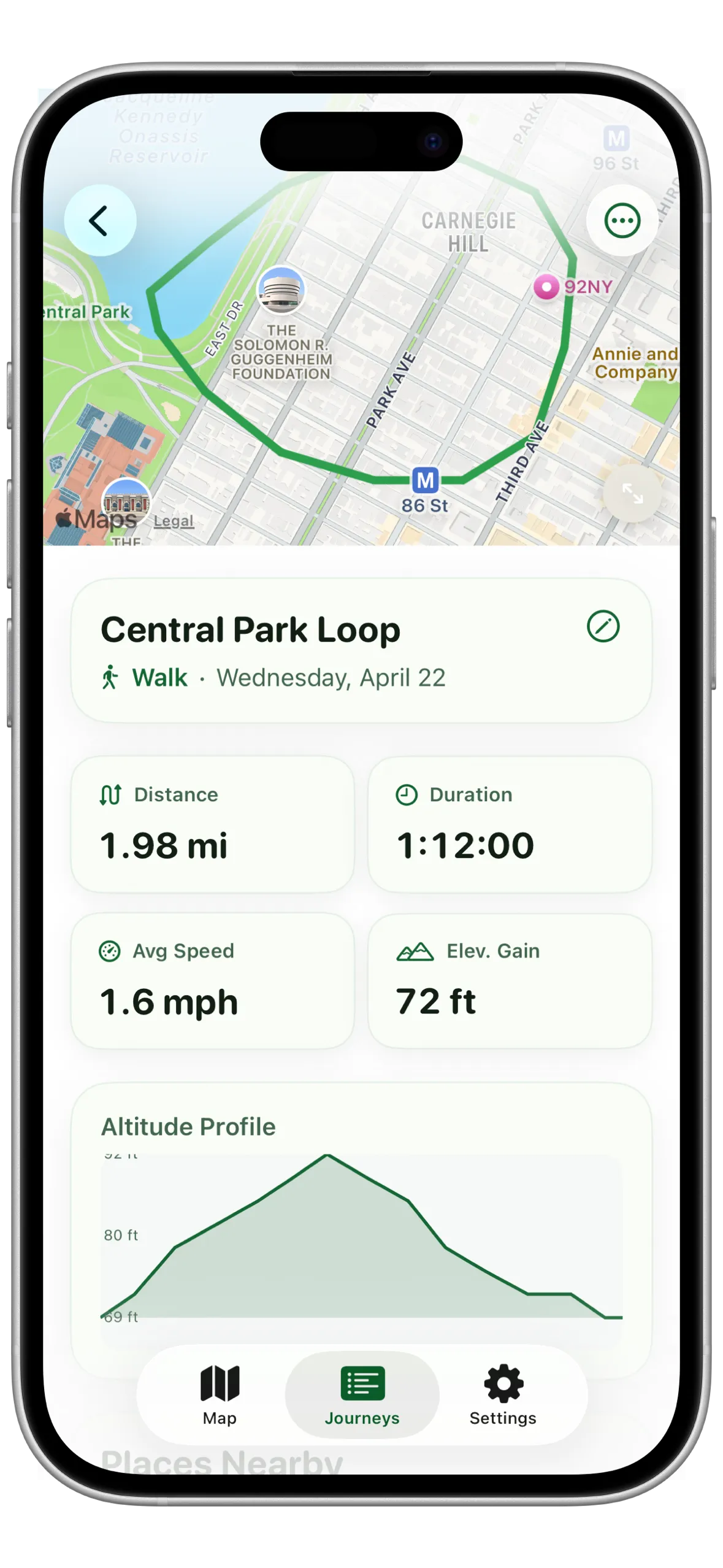 Skylog journey detail with stats